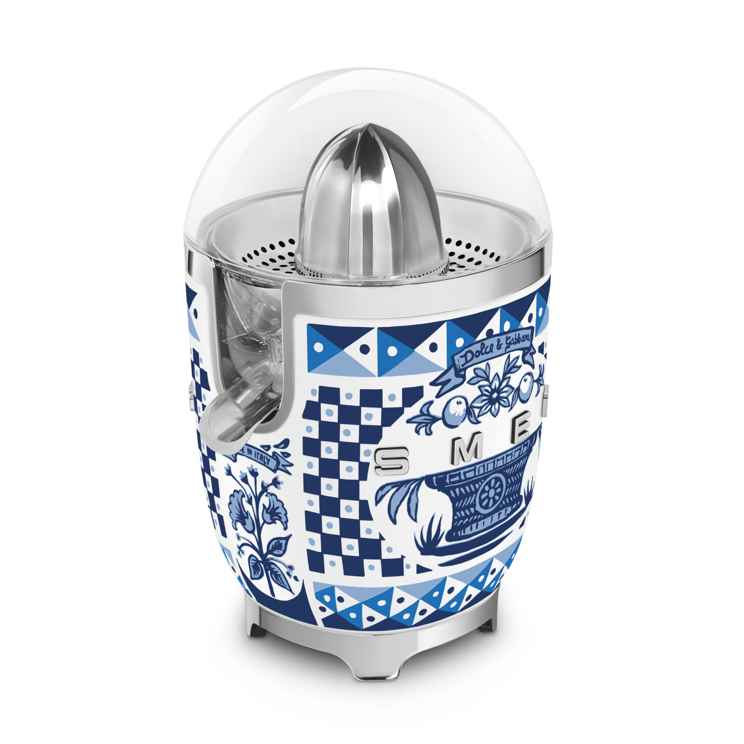 SMEG Dolce & Gabbana Citrus Juicer, Blu Mediterraneo boasts a powerful motor, built-in sensor, dripless spout for fast and easy fresh-squeezed juices!