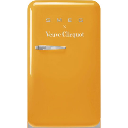 The Veuve Clicquot Smeg refrigerator is a unique fusion of luxury and retro style, designed to make a bold statement in any kitchen or entertainment space.